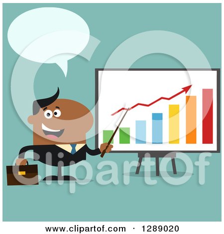 Clipart of a Modern Flat Design of a Happy Talking Black Business Man Discussing Company Growth with a Bar Graph over Turquoise - Royalty Free Vector Illustration by Hit Toon