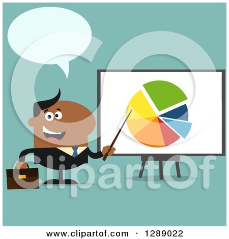 Clipart of a Modern Flat Design of a Talking Happy Black Businessman Pointing to a Pie Chart on a Presentation Board over Turquoise - Royalty Free Vector Illustration by Hit Toon