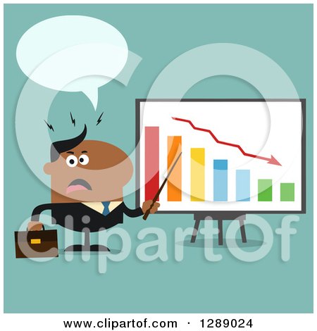 Clipart of a Modern Flat Design of an Angry Talking Black Business Man Discussing Company Growth with a Bar Graph over Turquoise - Royalty Free Vector Illustration by Hit Toon