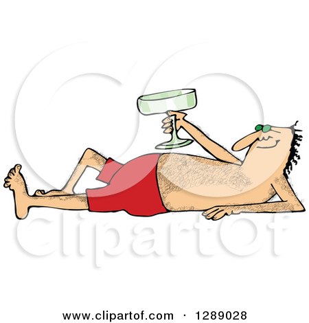 Clipart of a Hairy Caucasian Man Sun Bathing and Holding up a Glass - Royalty Free Vector Illustration by djart