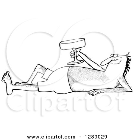 Clipart of a Black and White Hairy Man Sun Bathing and Holding up a Glass - Royalty Free Vector Illustration by djart