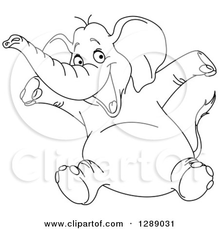 Clipart of a Black and White Cheerful Happy Elephant Jumping and Cheering - Royalty Free Vector Illustration by yayayoyo