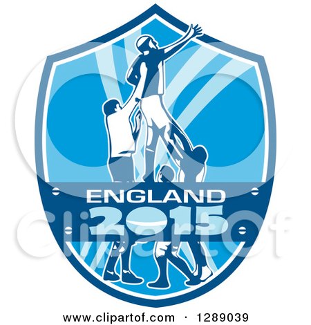 Clipart of a Rugby Union Player Catching Lineout Ball in a Blue and White England 2015 Shield - Royalty Free Vector Illustration by patrimonio