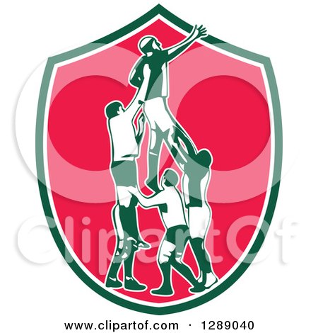 Clipart of a Retro Rugby Union Player Catching Lineout Ball in a Green White and Pink Shield - Royalty Free Vector Illustration by patrimonio