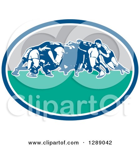 Clipart of Retro Rugby Union Players in a Scrum in a Blue White Turquoise and Gray Oval - Royalty Free Vector Illustration by patrimonio