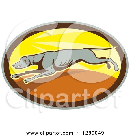 Clipart of a Retro Cartoon Greyhound Dog Running in a Sunny Gray Brown and Yellow Oval - Royalty Free Vector Illustration by patrimonio