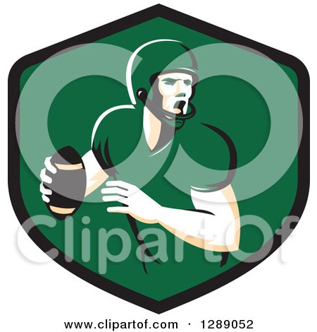 Clipart of a Retro Male American Football Player Throwing in a Black and Green Shield - Royalty Free Vector Illustration by patrimonio