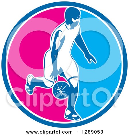 Clipart of a Basketball Player Dribbling in a Blue White and Pink Circle - Royalty Free Vector Illustration by patrimonio