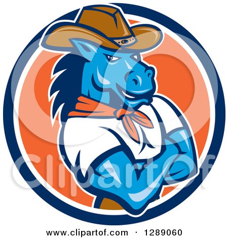 Clipart of a Cartoon Retro Cowboy Sheriff Horse Man with Folded Arms in a Blue White and Orange Circle - Royalty Free Vector Illustration by patrimonio
