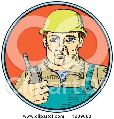 Clipart of a White Male Construction Worker Holding a Radio Phone in a Blue Black and Orange Circle - Royalty Free Vector Illustration by patrimonio