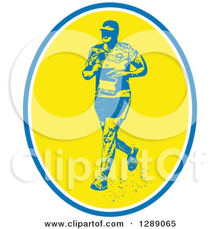 Clipart of a Retro Male Marathon Runner with in a Blue White and Yellow Oval - Royalty Free Vector Illustration by patrimonio