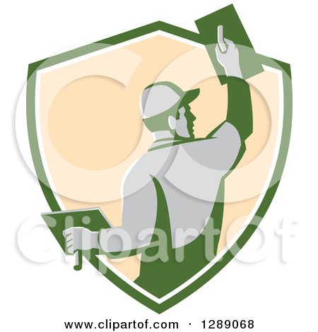 Clipart of a Rear View of a Retro Male Plasterer Working in a Green White and Beige Shield - Royalty Free Vector Illustration by patrimonio