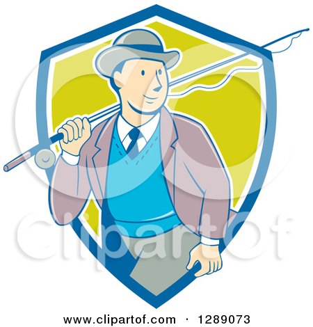 Clipart of a Retro Cartoon White Male Tourist Walking with a Fly Fishing Rod over His Shoulder in a Blue White and Green Shield - Royalty Free Vector Illustration by patrimonio