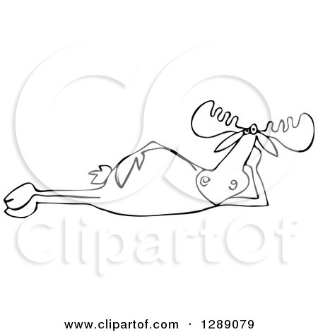 Animal Clipart of a Black and White Cartoon Relaxed Moose Resting on His Side - Royalty Free Vector Illustration by djart