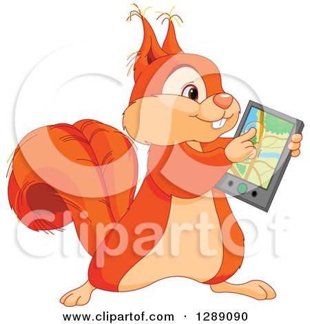Animal Clipart of a Cute Squirrel Using a Gps Navigator Gadget - Royalty Free Vector Illustration by Pushkin