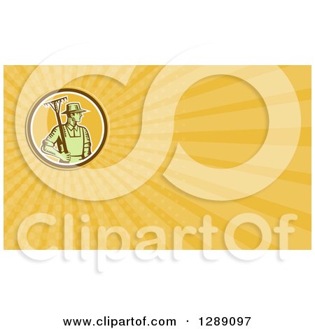 Clipart of a Retro Woodcut Farmer Holding a Rake and Orange Rays Background or Business Card Design - Royalty Free Illustration by patrimonio