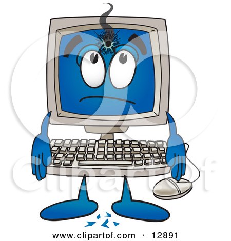 Clipart Picture of a Desktop Computer Mascot Cartoon Character With a Hole in His Screen by Mascot Junction