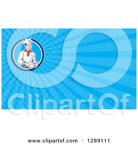 Clipart of a Retro Happy White Male Chef Baker Holding a Mixing Bowl and Blue Rays Background or Business Card Design - Royalty Free Illustration by patrimonio