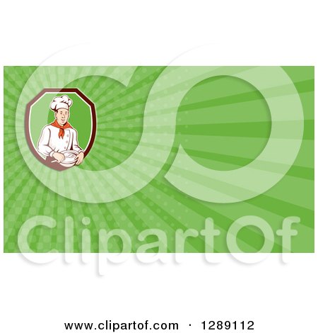 Clipart of a Retro Happy White Male Chef Baker Holding a Mixing Bowl and Green Rays Background or Business Card Design - Royalty Free Illustration by patrimonio