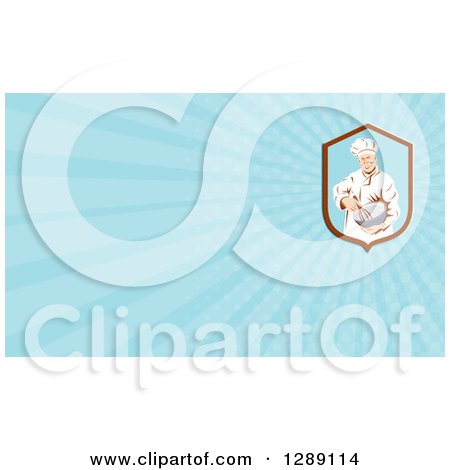 Clipart of a Retro Male Chef Baker Holding a Mixing Bowl and Blue Rays Background or Business Card Design - Royalty Free Illustration by patrimonio