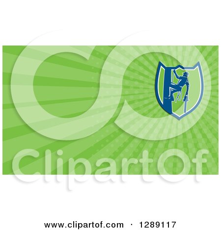 Clipart of a Retro Arborist Climbing a Pole with a Chainsaw and Green Rays Background or Business Card Design - Royalty Free Illustration by patrimonio