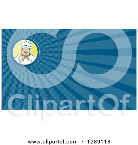 Clipart of a Retro Male Chef with a Mustache, Holding a Thumb up and Blue Rays Background or Business Card Design - Royalty Free Illustration by patrimonio