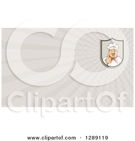 Clipart of a Retro Male Chef with a Mustache, Holding a Thumb up and Taupe Rays Background or Business Card Design - Royalty Free Illustration by patrimonio