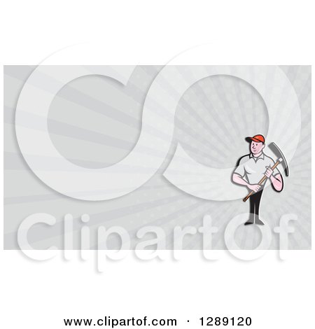 Clipart of a Cartoon Male Construction Worker Holding a Pickaxe and Gray Rays Background or Business Card Design - Royalty Free Illustration by patrimonio