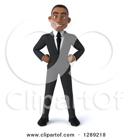 Clipart of a 3d Young Black Businessman Standing with Hands on His Hips - Royalty Free Illustration by Julos