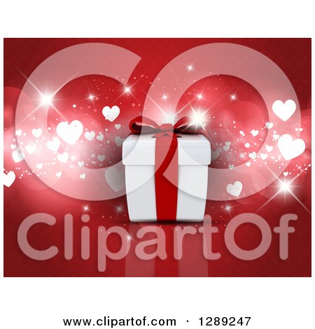 Holiday Clipart of a 3d Anniversary or Valentines Day Gift Box over Red with Bokeh, Flares and Hearts - Royalty Free Illustration by KJ Pargeter