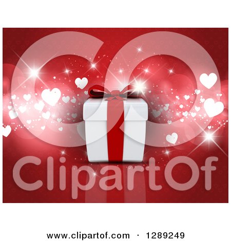 Holiday Clipart of a 3d Anniversary or Valentines Day Gift Box over Red with Bokeh, Sparkles and Hearts - Royalty Free Illustration by KJ Pargeter