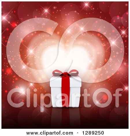 Holiday Clipart of a 3d Anniversary or Valentines Day Gift Box over Heart Lights with Bokeh and Flares on Red - Royalty Free Illustration by KJ Pargeter