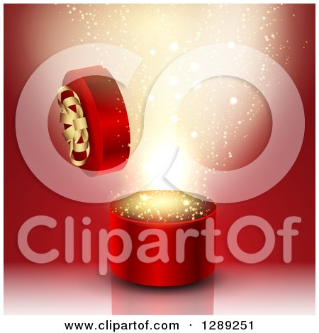 Clipart of a 3d Round Valentines Day or Anniversary Gift Box with Gold Magic over Red - Royalty Free Vector Illustration by KJ Pargeter
