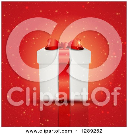 Clipart of a 3d Valentines Day or Anniversary Gift Box with Sparkles and a Reflection on Red - Royalty Free Vector Illustration by KJ Pargeter