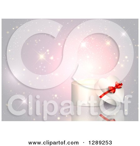 Clipart of a 3d White Heart Shaped Valentines Day or Anniversary Gift Box over Sparkles - Royalty Free Vector Illustration by KJ Pargeter