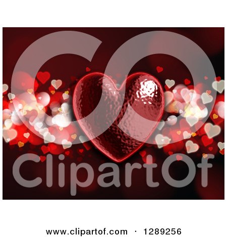 Clipart of a 3d Shiny Textured Heart over Heart Bokeh on Dark Red - Royalty Free Illustration by KJ Pargeter