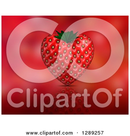 Clipart of a 3d Strawberry Heart and Reflection on Blurred Red - Royalty Free Illustration by KJ Pargeter