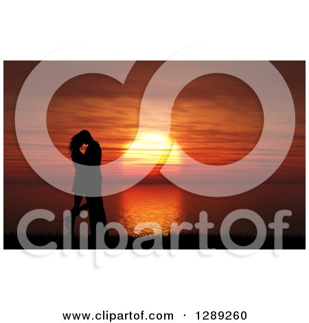 Clipart of a Romantic Silhouetted Couple Kissing Against an Orange Ocean Sunset - Royalty Free Illustration by KJ Pargeter