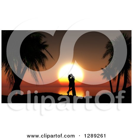 Clipart of a Romantic Silhouetted Couple Kissing Between Palm Trees Against an Orange Ocean Sunset - Royalty Free Illustration by KJ Pargeter