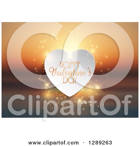 Clipart of Happy Valentines Day Text on a White Heart with Magic Flares over a Blurred Ocean Sunset - Royalty Free Vector Illustration by KJ Pargeter