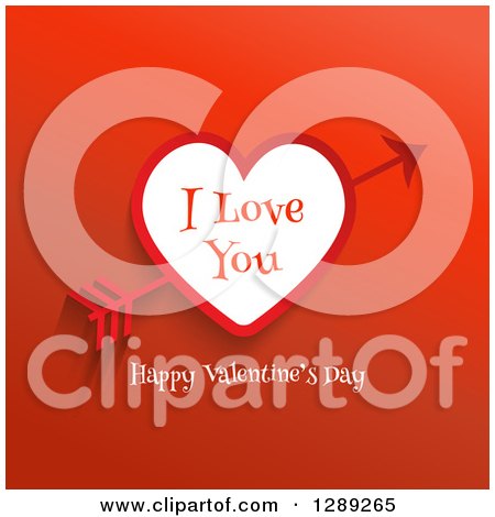 Clipart of Happy Valentines Day I Love You Text with Cupids Arrow Through a Heart on Red - Royalty Free Vector Illustration by KJ Pargeter