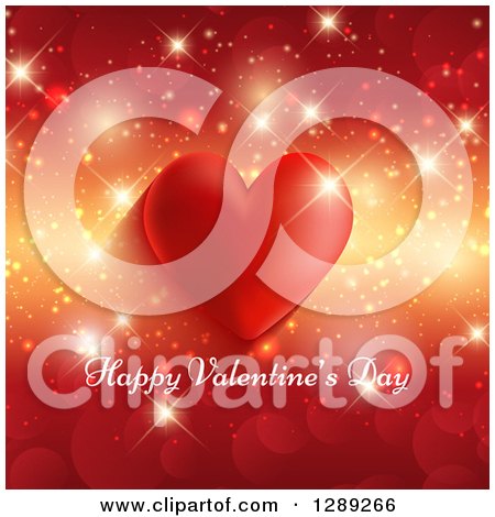 Clipart of Happy Valentines Day Text Under a Red Heart with Sparkles and Bokeh on Red and Gold - Royalty Free Vector Illustration by KJ Pargeter