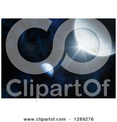 Clipart of a 3d Bright Sun Shining Around Fictional Planets - Royalty Free Illustration by KJ Pargeter
