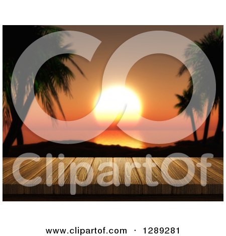 Clipart of a 3d Close up of a Wooden Table or Deck with a View of an Orange Tropical Ocean Sunset - Royalty Free Illustration by KJ Pargeter