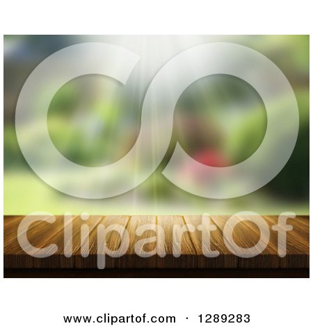 Clipart of a 3d Close up of a Wooden Table over a Blurred Garden with Sunshine - Royalty Free Illustration by KJ Pargeter
