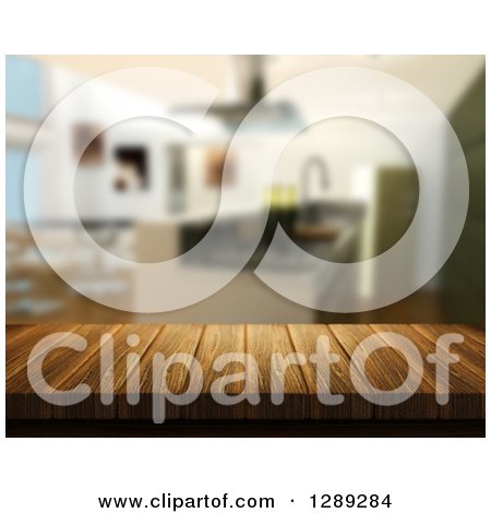 Clipart of a 3d Closeup of a Wooden Table and Blurred Modern Kitchen in the Background - Royalty Free Illustration by KJ Pargeter
