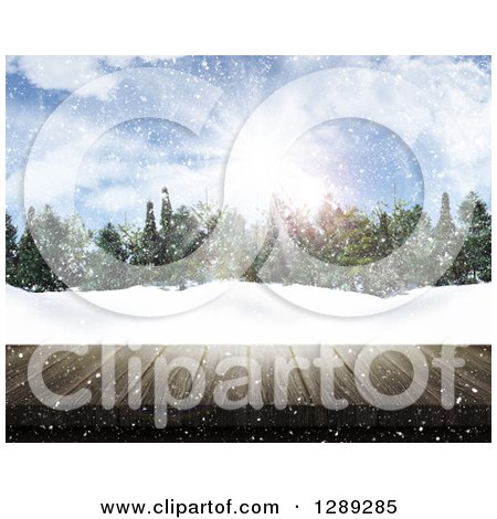 Clipart of a 3d Close up of a Wooden Table or Deck with a View of a Winter Forest - Royalty Free Illustration by KJ Pargeter