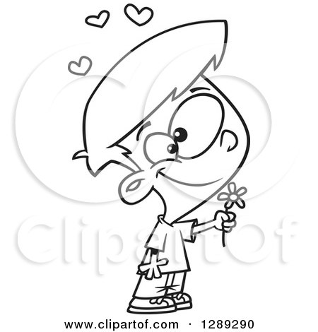 Holiday Clipart of a Black and White Sweet Valentines Day Boy Holding a Flower - Royalty Free Vector Illustration by toonaday