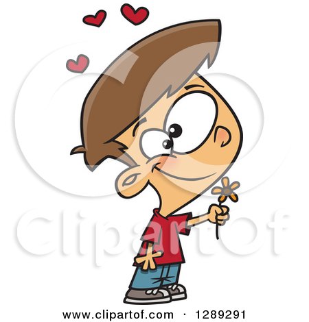 Holiday Clipart of a Sweet and Thoughtful White Valentines Day Boy Holding a Flower - Royalty Free Vector Illustration by toonaday