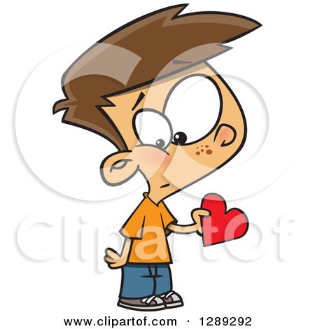 Holiday Clipart of a Caucasian Valentines Day Boy Holding a First Love Heart - Royalty Free Vector Illustration by toonaday